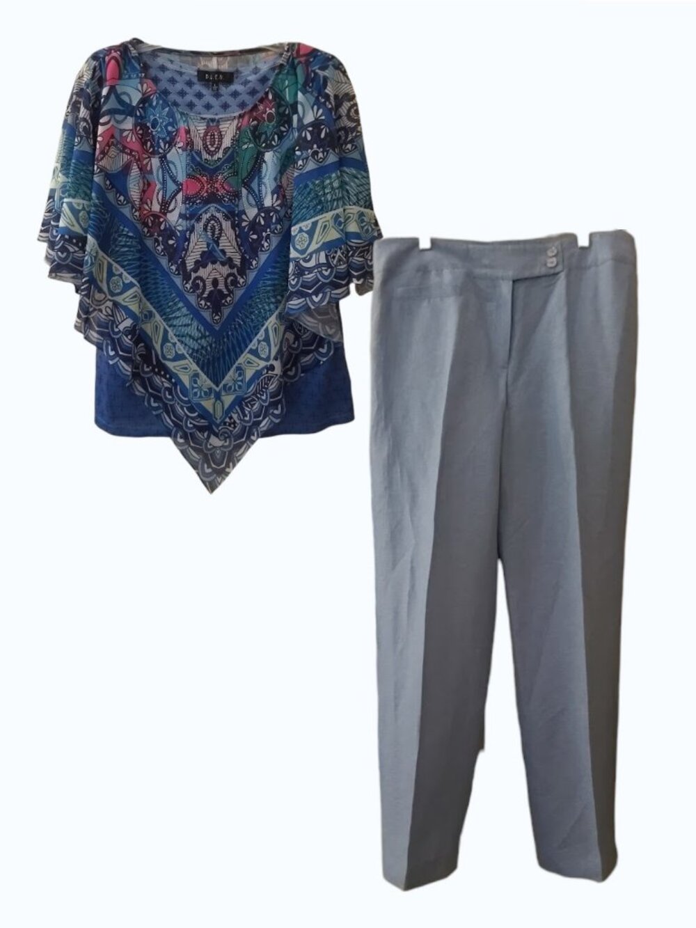 B.L.U.E. Paisley Print Boho Top & Kasper Linen Mix Dress Pants.